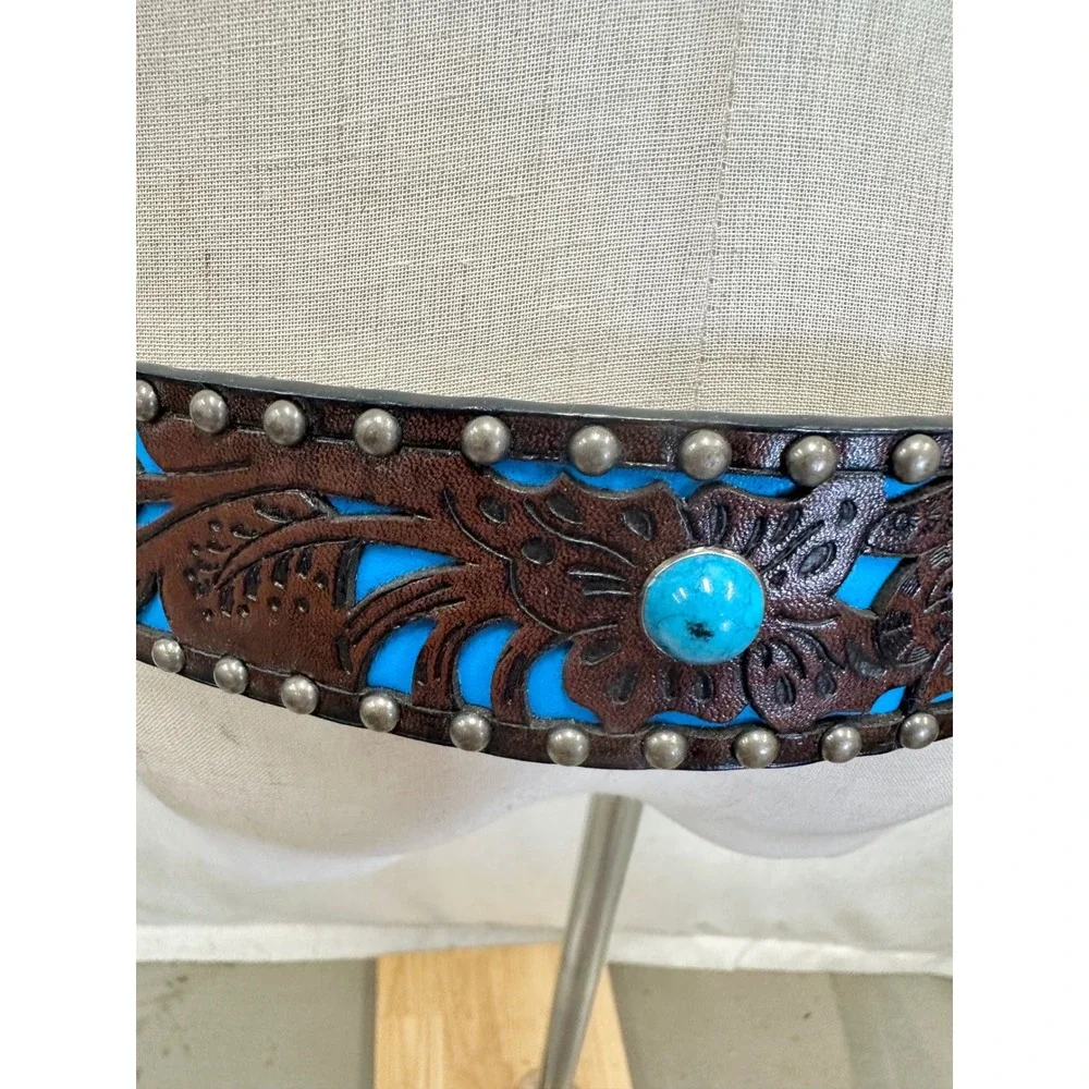 Leather Turquoise Floral Tooled Western Belt Womens Medium/Large Vegan‎ Leather